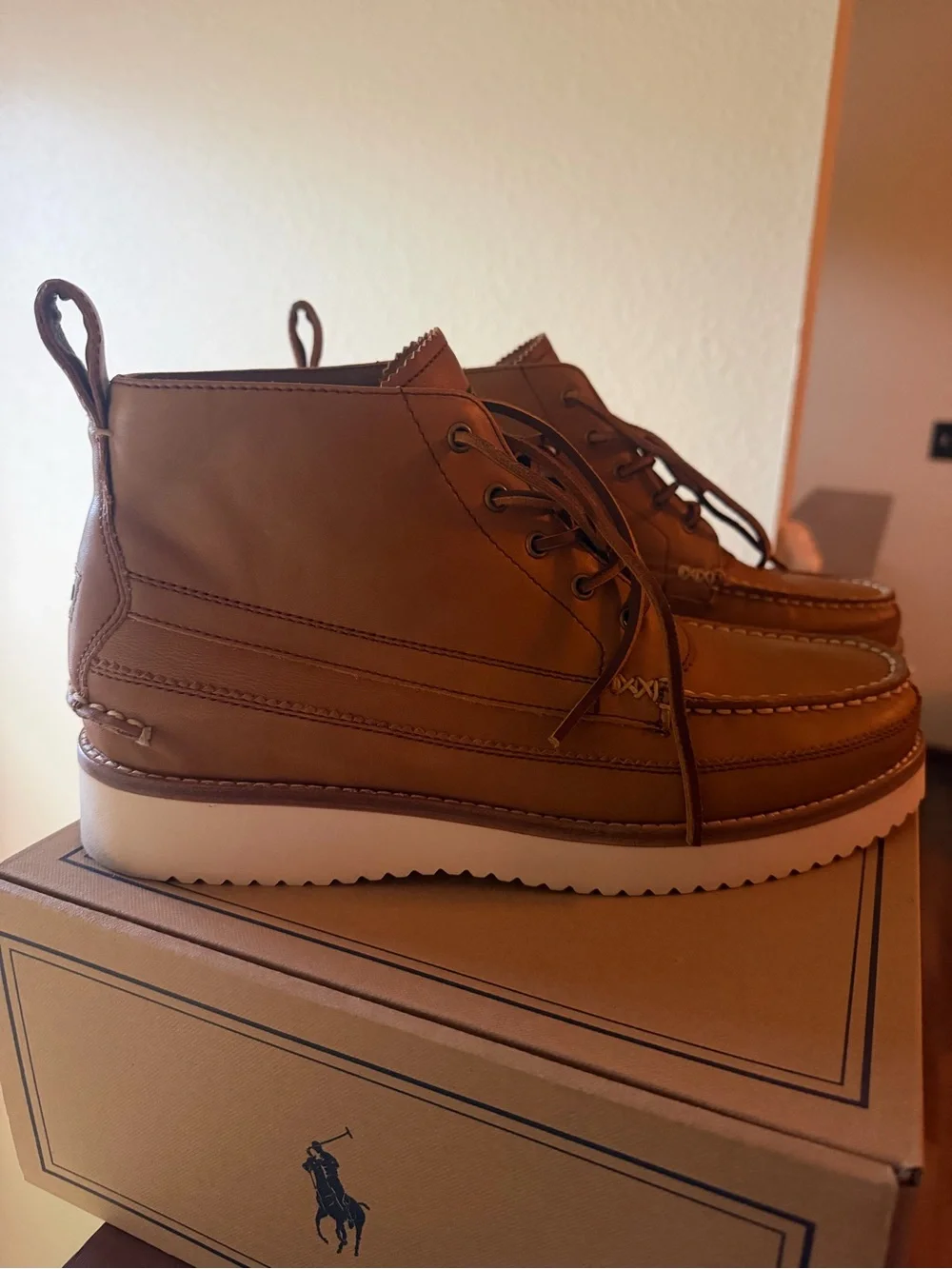 Polo by Ralph Lauren Brown Leather Chukka Moc Boots with White Sole
